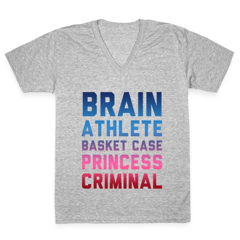Brain, Athlete, Basket Case, Princess, Criminal V-Neck Tee Shirt