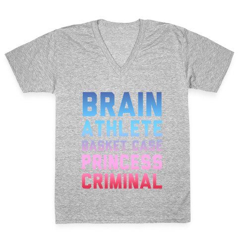 Brain, Athlete, Basket Case, Princess, Criminal (Breakfast Club) V-Neck Tee Shirt