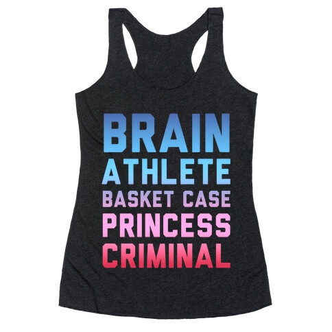 Brain, Athlete, Basket Case, Princess, Criminal (Breakfast Club) Racerback Tank Top