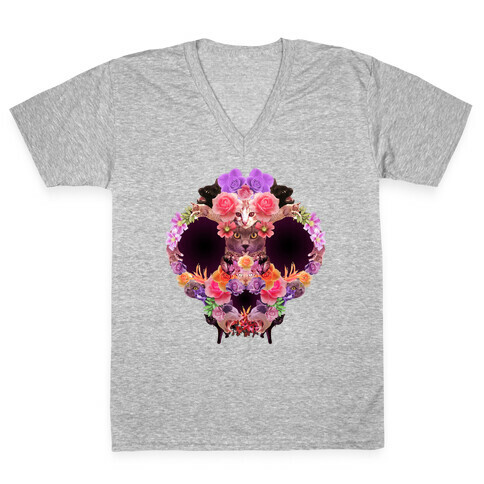 Floral Cat Skull Collage V-Neck Tee Shirt