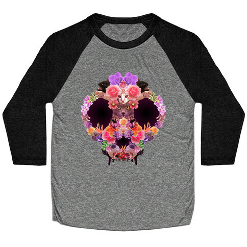 Floral Cat Skull Collage Baseball Tee