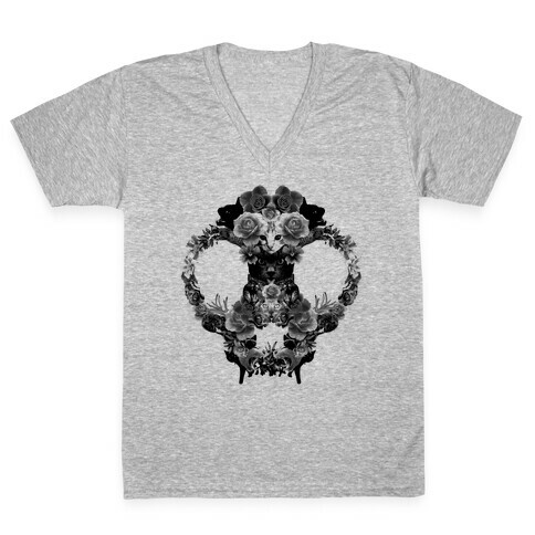 Floral Cat Skull Collage V-Neck Tee Shirt