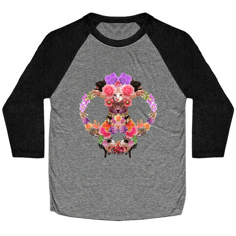 Floral Cat Skull Collage Baseball Tee