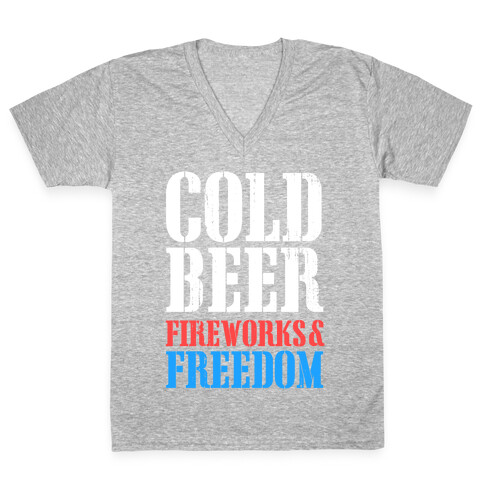 Cold Beer, Fireworks, & Freedom V-Neck Tee Shirt
