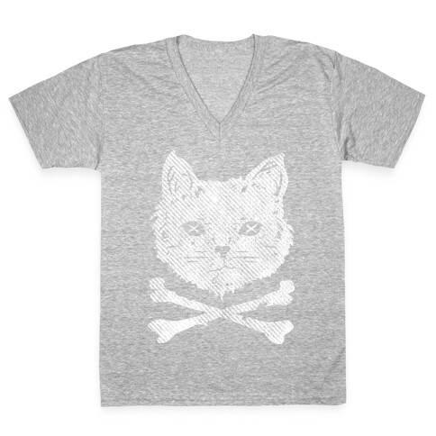 Cat and Cross Bones V-Neck Tee Shirt