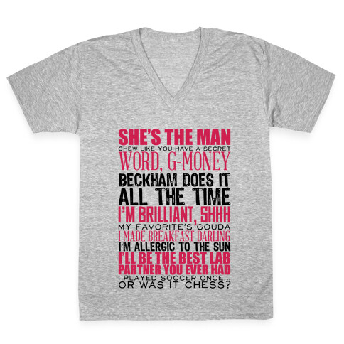 She's The Man Quotes V-Neck Tee Shirt