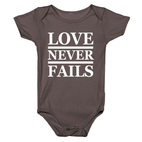 Love Never Fails (White Ink) Baby One-Piece
