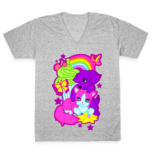 Double Trouble Rainbow Kitty & Puppy V-Neck Tee Shirt