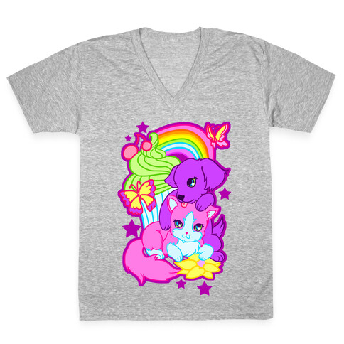 Double Trouble Rainbow Kitty & Puppy V-Neck Tee Shirt