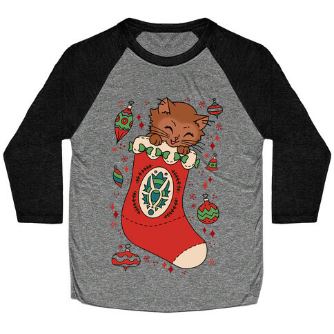 Vintage Cat In A Stocking Baseball Tee