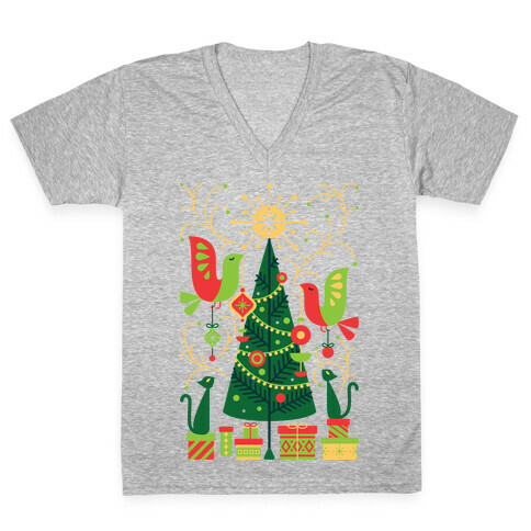 Vintage Christmas Tree Decorating V-Neck Tee Shirt