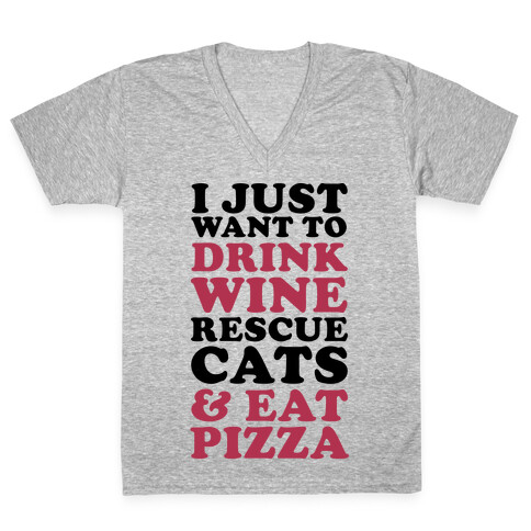 I Just Want to Drink Wine Rescue Cats & Eat Pizza V-Neck Tee Shirt