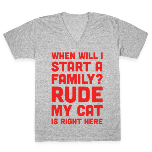 When Will I Start A Family? Rude My Cat Is Right Here V-Neck Tee Shirt