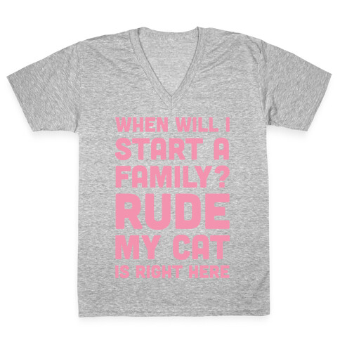 When Will I Start A Family? Rude My Cat Is Right Here V-Neck Tee Shirt