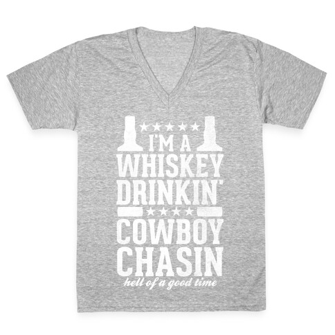 Whiskey Drinkin' Cowboy Chasin Hell of a Good Time (White Ink) V-Neck Tee Shirt