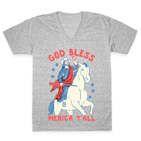 God Bless Merica Y'all: Cowboy Jesus V-Neck Tee Shirt