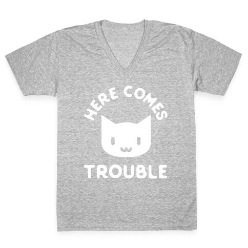 Here Comes Trouble Cat White V-Neck Tee Shirt