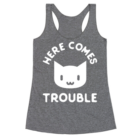 Here Comes Trouble Cat White Racerback Tank Top