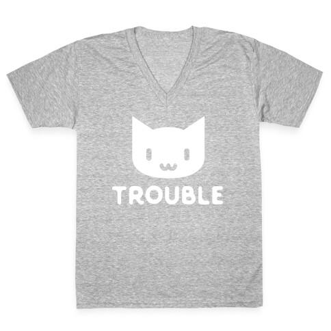 Trouble Cat White V-Neck Tee Shirt