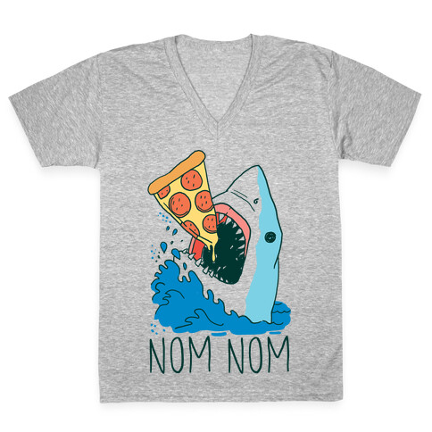 Nom Nom Pizza Shark  V-Neck Tee Shirt