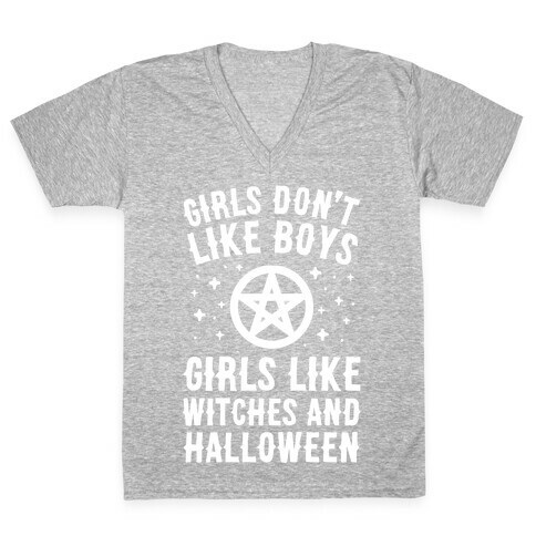Girls Don't Like Boys Girls Like Witches And Halloween V-Neck Tee Shirt