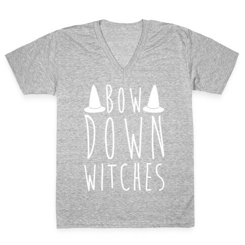 Bow Down Witches Parody White Print V-Neck Tee Shirt