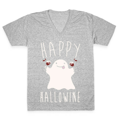 Happy Hallowine White Print V-Neck Tee Shirt