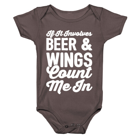 If It Involves Beer and Wings Count Me In White Font Baby One-Piece