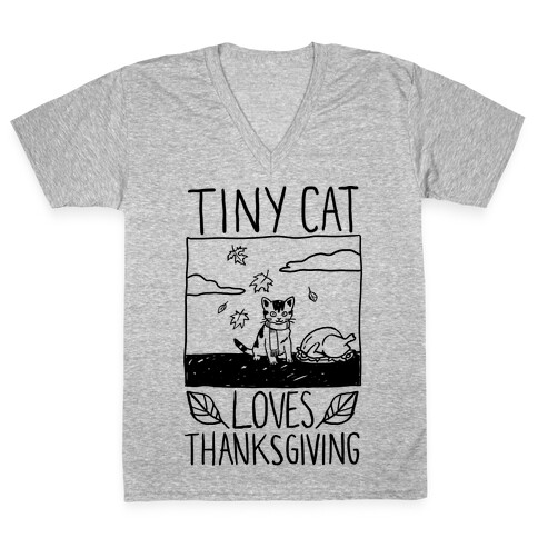 Tiny Cat Loves Thanksgiving V-Neck Tee Shirt