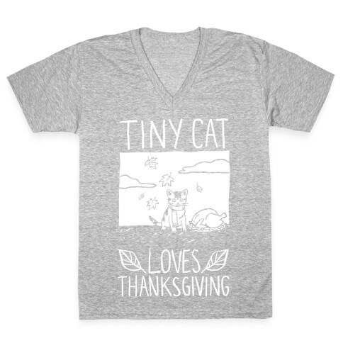 Tiny Cat Loves Thanksgiving V-Neck Tee Shirt