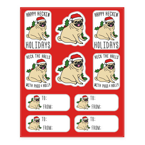 Christmas Pug Gift Tags Stickers and Decal Sheet