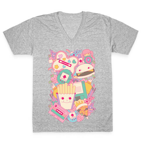 90s Toys Candy and Makeup V-Neck Tee Shirt