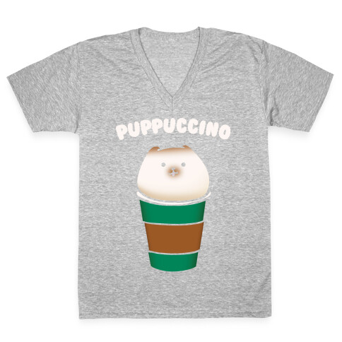Puppuccino Parody White Print V-Neck Tee Shirt