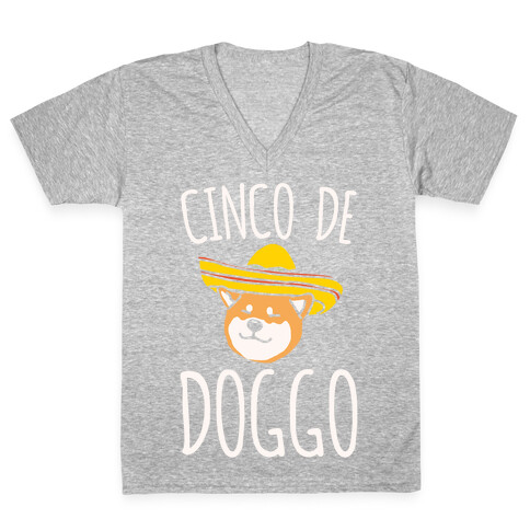 Cinco De Doggo White Print V-Neck Tee Shirt