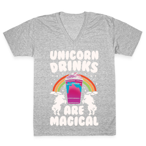 Unicorn Drinks Are Magical Parody White Print V-Neck Tee Shirt