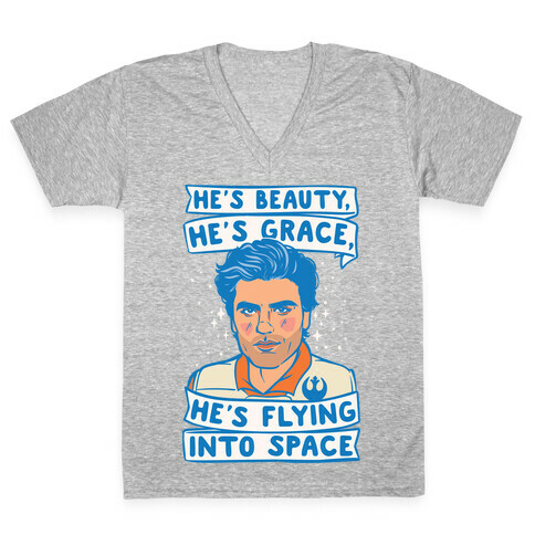 He's Beauty He's Grace He's Flying Into Outer Space Parody White Print V-Neck Tee Shirt