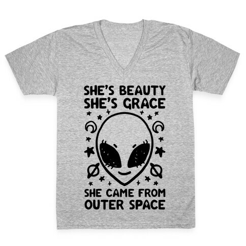 She's Beauty She's Grace She Came From Outer Space V-Neck Tee Shirt