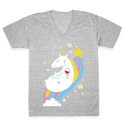 Unicorn Drinking Wine On Rainbow V-Neck Tee Shirt