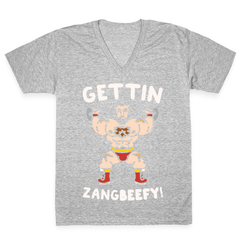 Gettin Zangbeefy Parody White Print V-Neck Tee Shirt