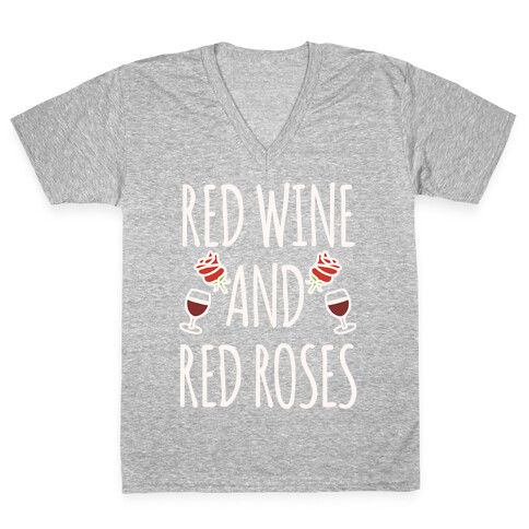 Red Wine and Red Roses White Print V-Neck Tee Shirt