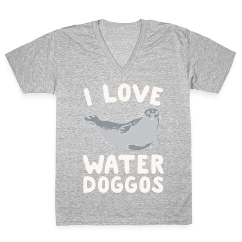 I Love Water Doggos White Print V-Neck Tee Shirt