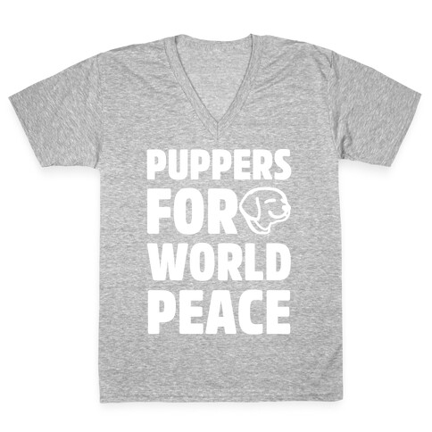 Puppers For World Peace White Print V-Neck Tee Shirt