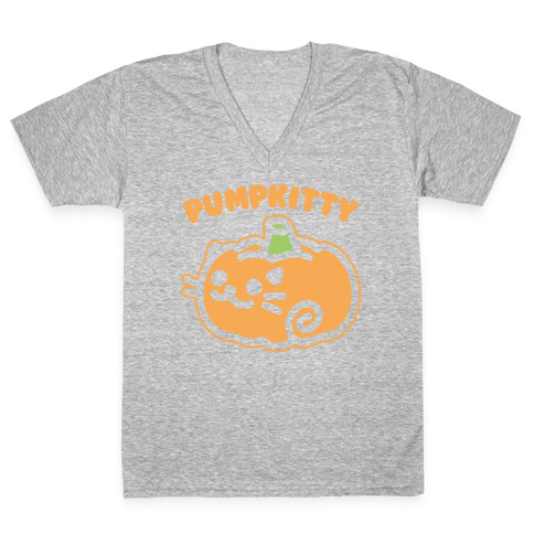 Pumpkitty White Print V-Neck Tee Shirt