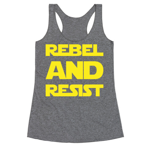 Rebel and Resist Parody White Print Racerback Tank Top