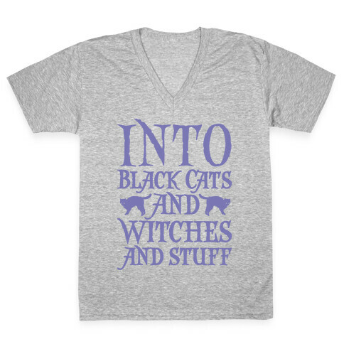 Into Black Cats and Witches and Stuff Parody White Print V-Neck Tee Shirt
