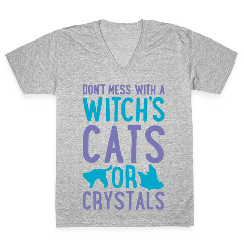 Don't Mess With a Witch's Cats or Crystals White Print V-Neck Tee Shirt