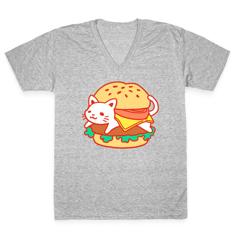 Burger Cat (No Text) V-Neck Tee Shirt
