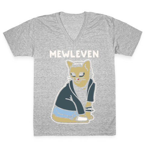 Mewleven Parody White Print V-Neck Tee Shirt
