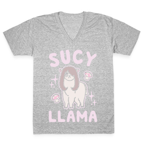 Sucy Llama Parody White Print V-Neck Tee Shirt