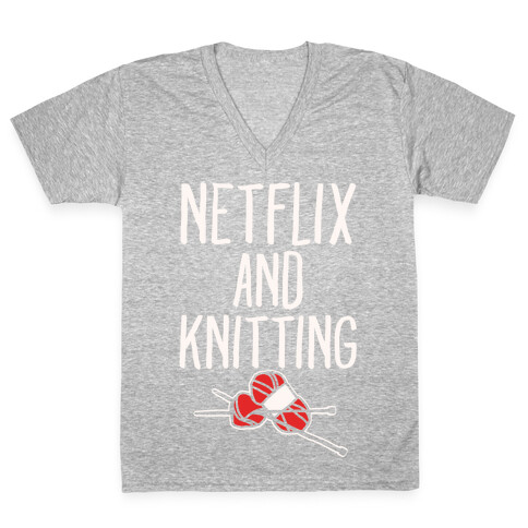 Netflix and Knitting White Print V-Neck Tee Shirt